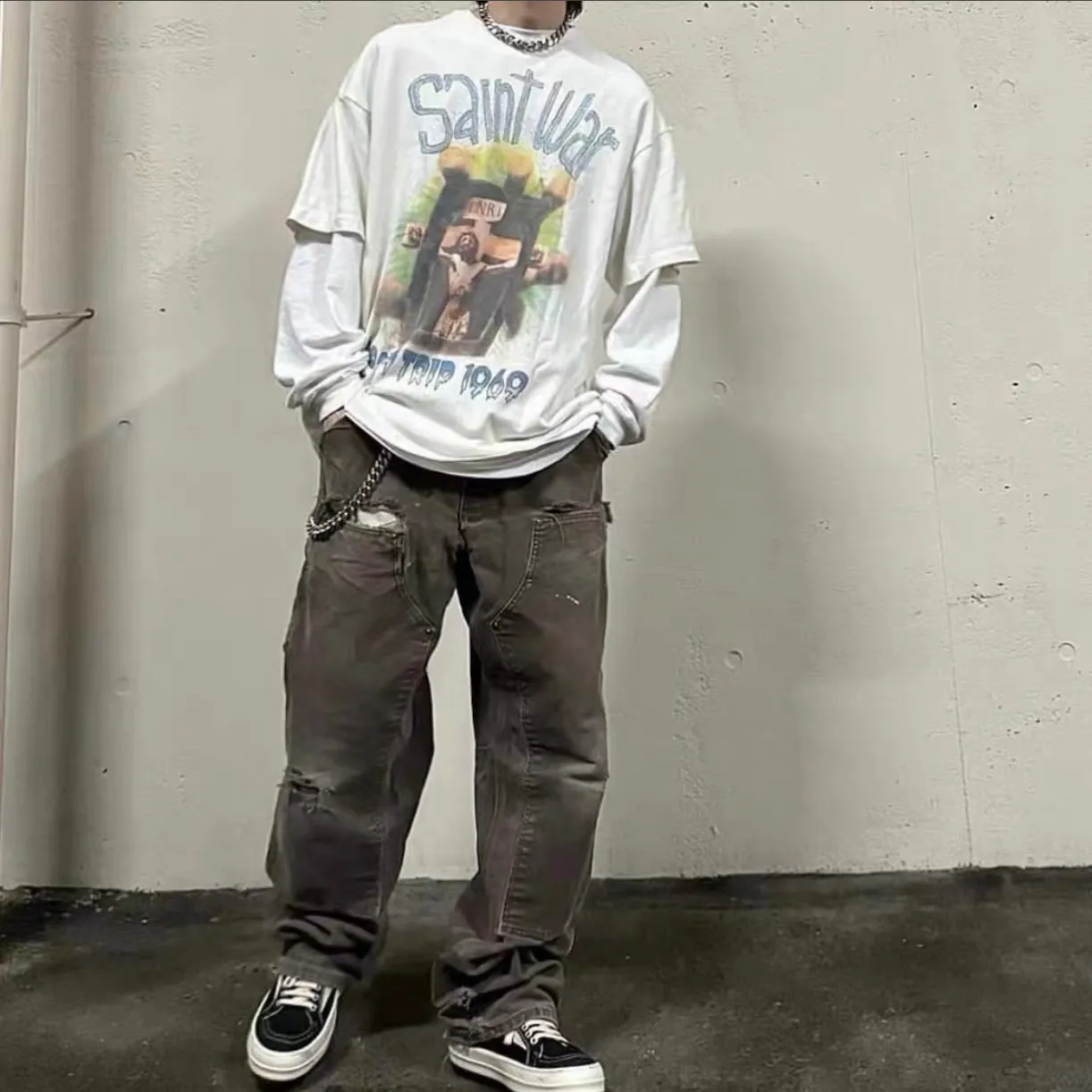 SAINT MICHAEL SAINT WAR TEE/WHAT new style Jesus cross retro short-sleeved, off-white S-XL, ready-to-wear, washed and distressed, printed repeatedly and modified, tube-woven seamless fabric, with little angel anti-counterfeiting label
